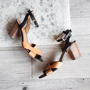 COACH Block Heel Leather Ankle Strap Sandals